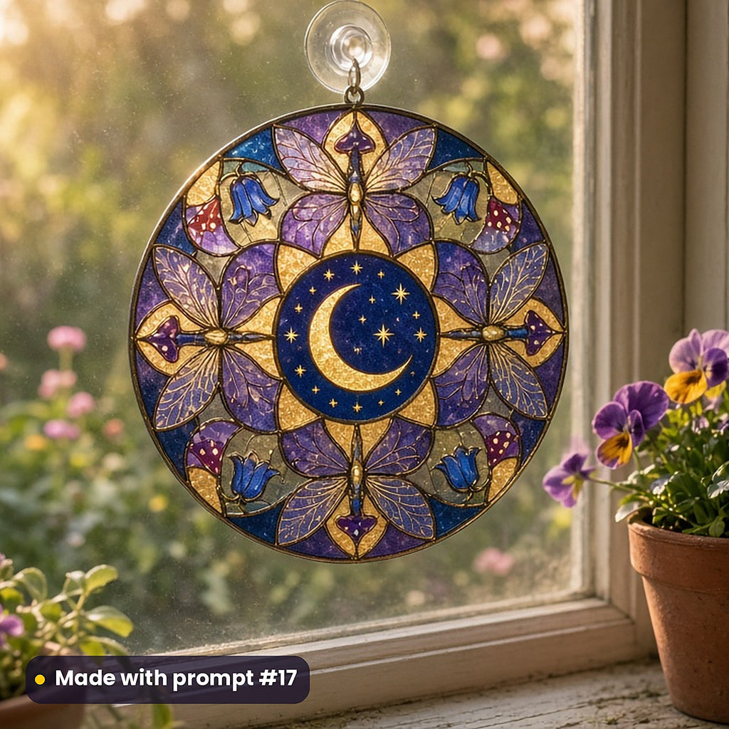 Fairies and Enchanted Gardens stained glass prompt pack: UV-printed acrylic suncatcher in a window mockup, made with prompt #17