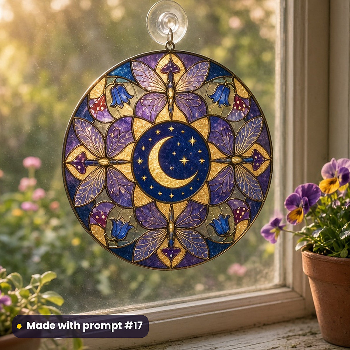 Fairies and Enchanted Gardens stained glass prompt pack: UV-printed acrylic suncatcher in a window mockup, made with prompt #17