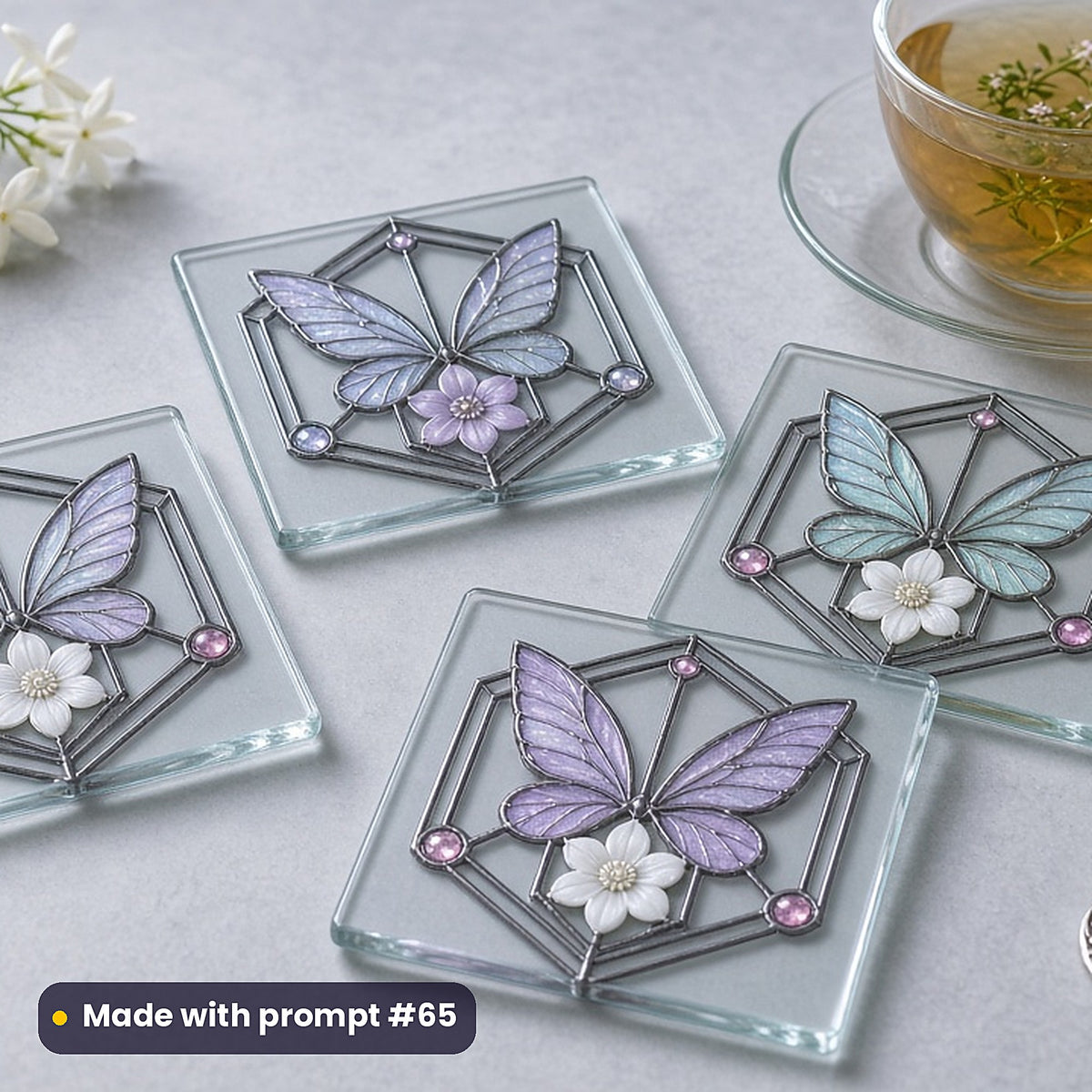 Fairies and Enchanted Gardens stained glass prompt pack: set of UV-printed glass coasters mockup, made with prompt #65