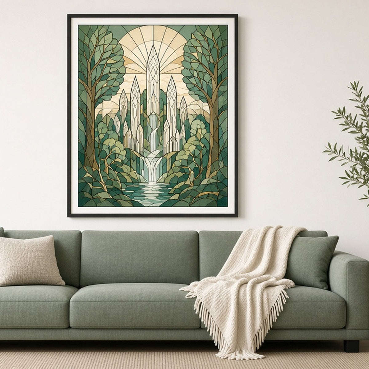 Elven city towers beside a waterfall in Art Deco stained-glass style shown as a flat framed print in a living room, made with prompt #9
