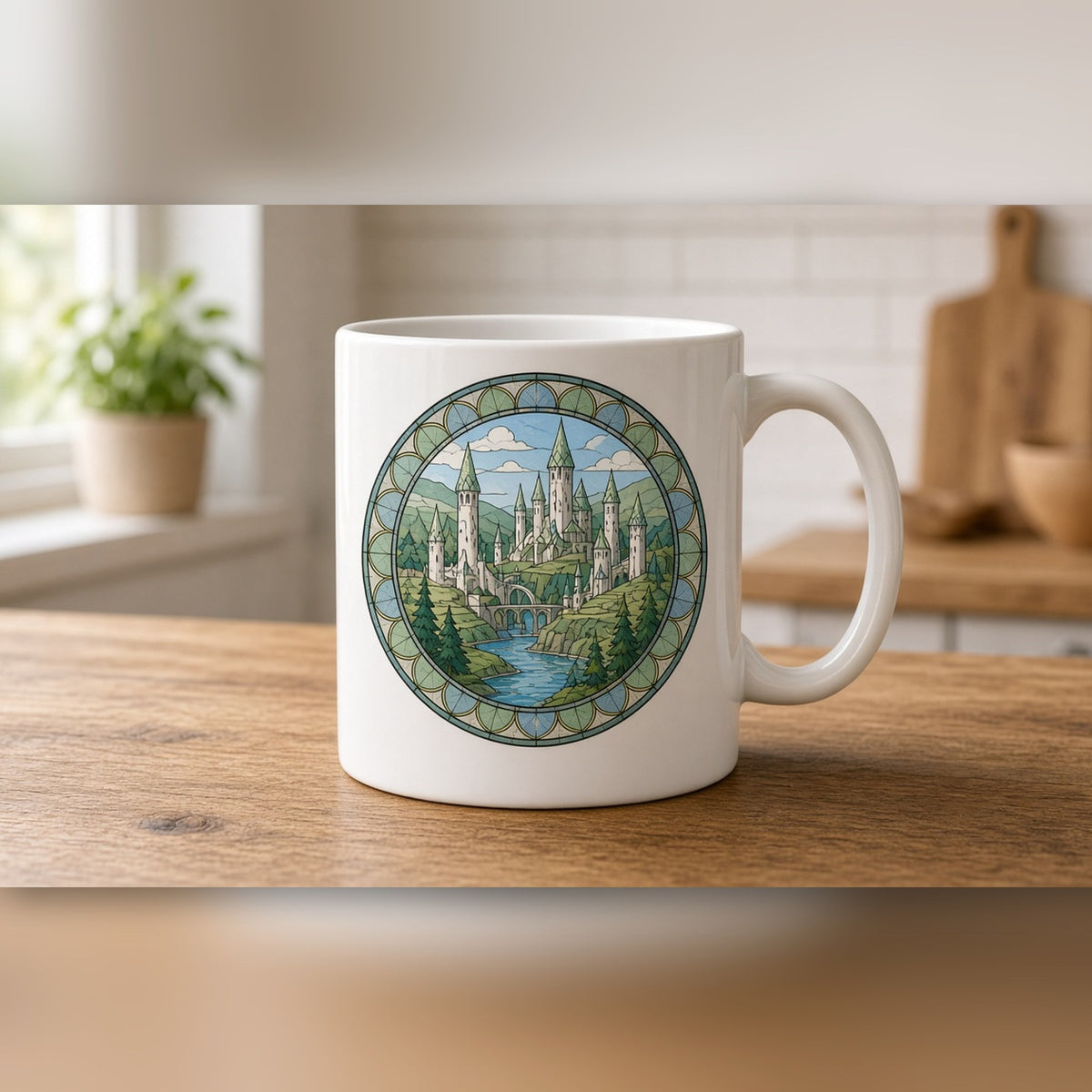 Rose-window landscape of an elven city above a river valley printed flat on a white ceramic mug, made with prompt #47