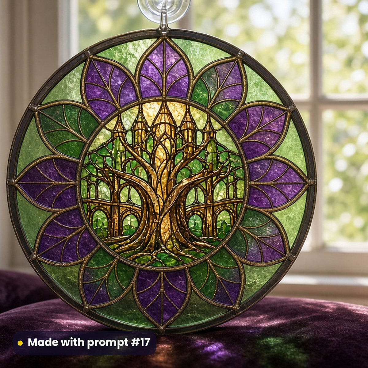 Elven Cities stained glass prompt pack: UV-printed acrylic suncatcher in a window mockup, made with prompt #17