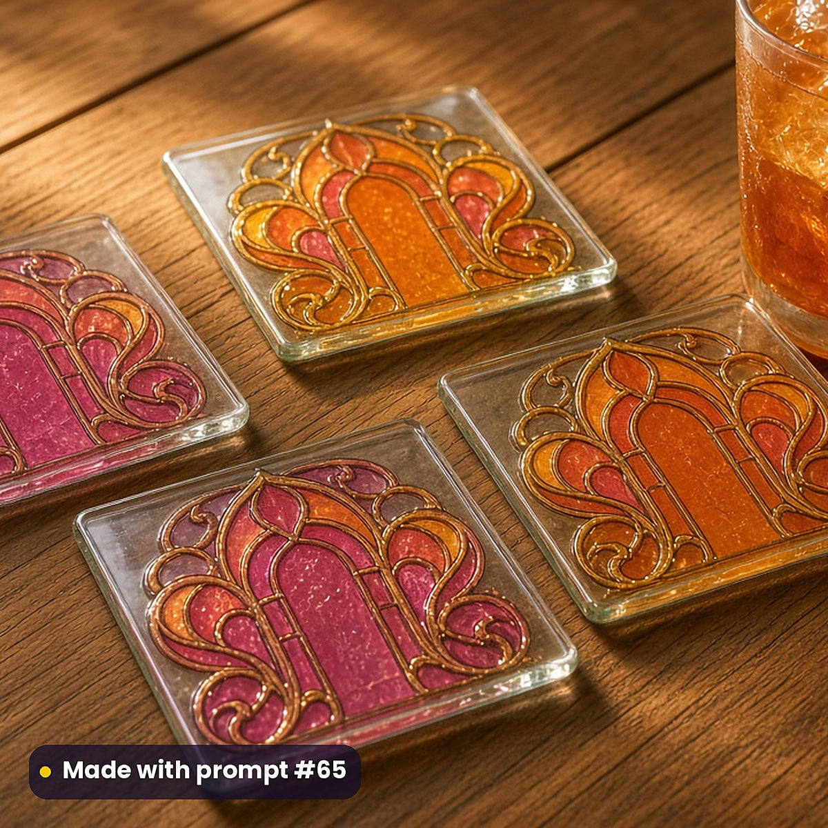 Elven Cities stained glass prompt pack: set of UV-printed glass coasters mockup, made with prompt #65