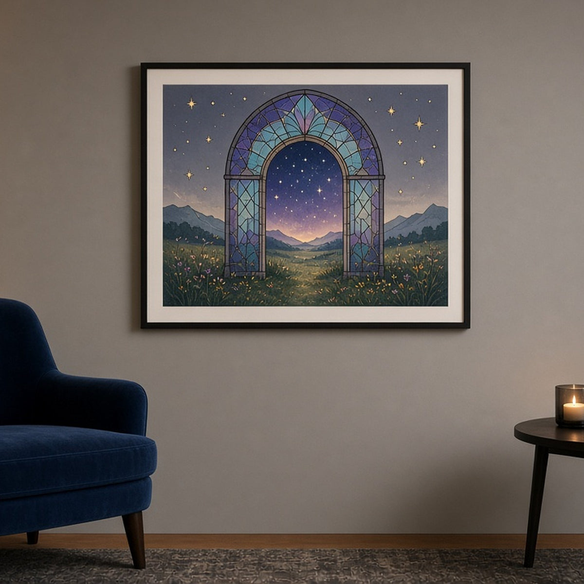 Stone archway portal to a starry landscape in Art Deco stained-glass style shown as a flat framed print in a reading corner, made with prompt #9