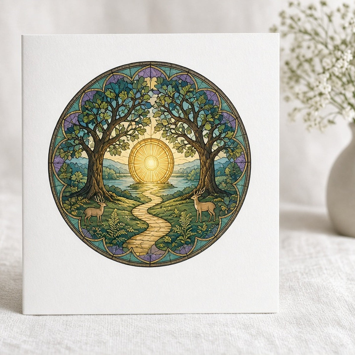 Rose-window forest path leading to a glowing portal between oak trees printed flat on a greeting card, made with prompt #47