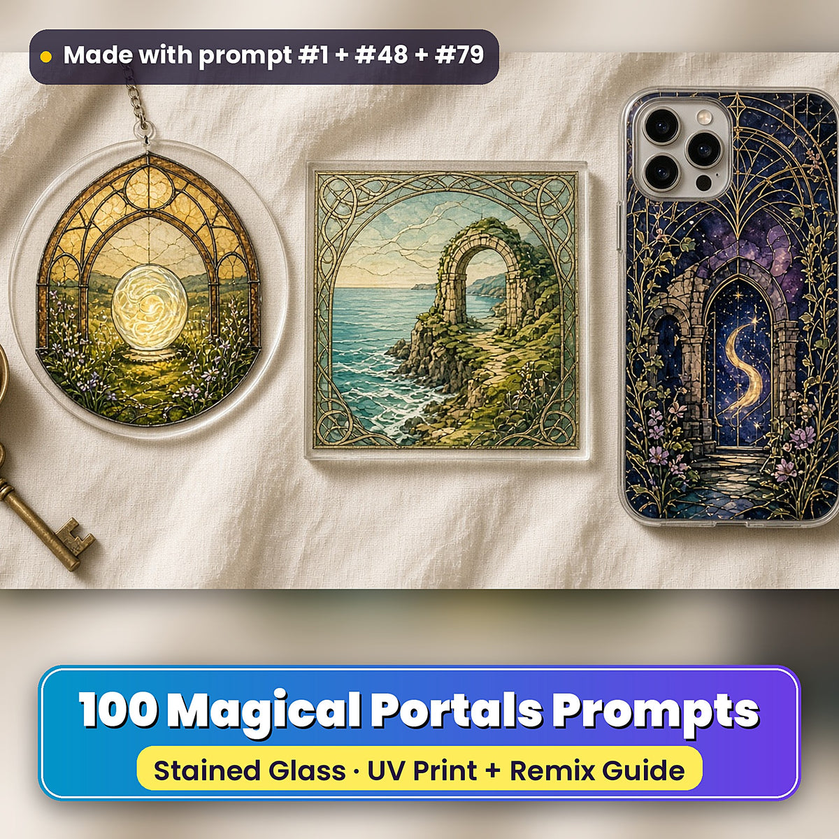 Magical Portals stained glass prompt pack: UV-printed suncatcher, coaster and phone case set mockup, made with prompt #1 + #48 + #79