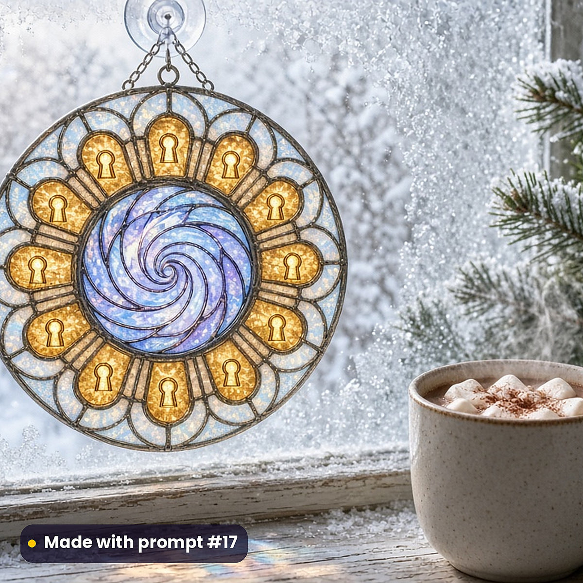 Magical Portals stained glass prompt pack: UV-printed acrylic suncatcher in a window mockup, made with prompt #17