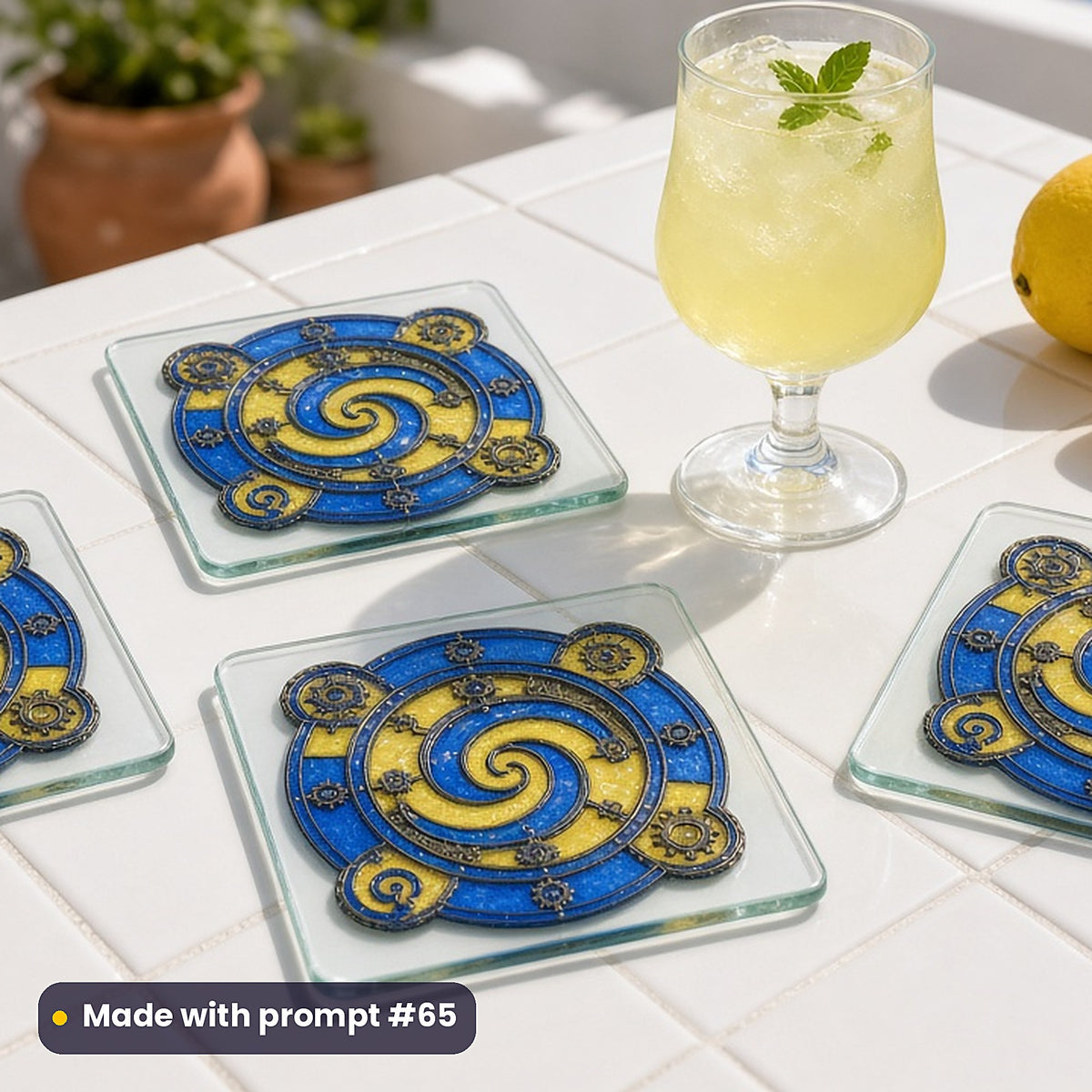 Magical Portals stained glass prompt pack: set of UV-printed glass coasters mockup, made with prompt #65