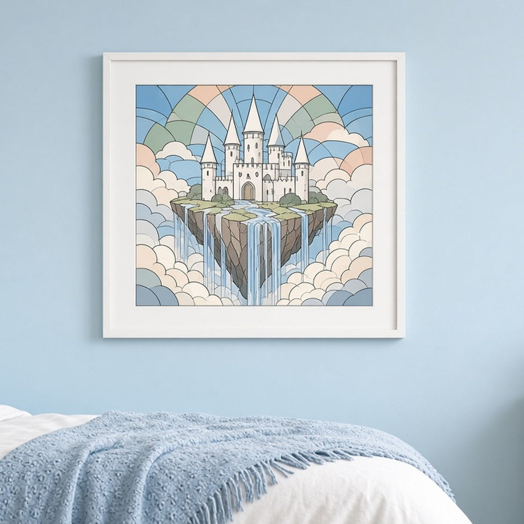 Floating castle island with waterfalls in Art Deco stained-glass style shown as a flat framed print in a bedroom, made with prompt #9