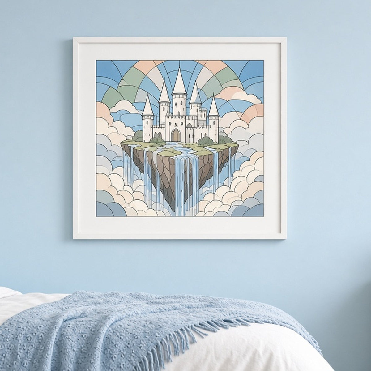 Floating castle island with waterfalls in Art Deco stained-glass style shown as a flat framed print in a bedroom, made with prompt #9