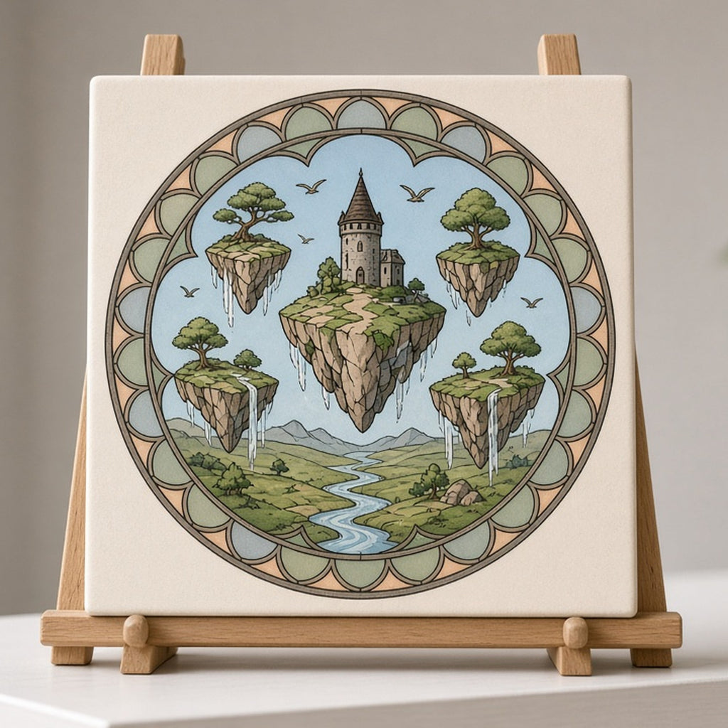 Rose-window landscape of floating islands above a river valley printed flat on a ceramic tile on an easel, made with prompt #47