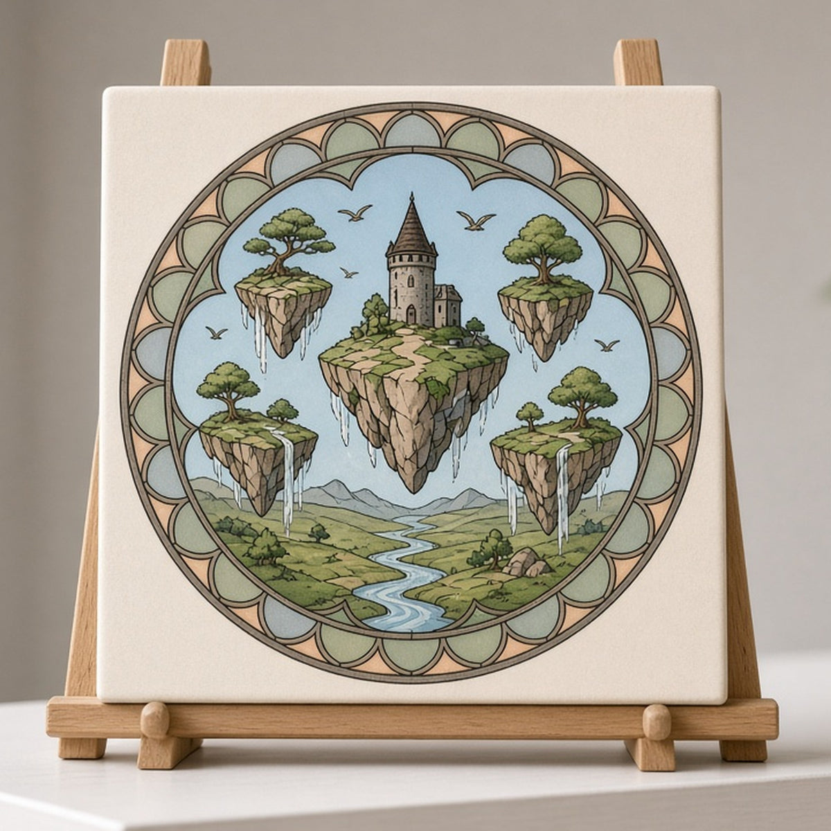 Rose-window landscape of floating islands above a river valley printed flat on a ceramic tile on an easel, made with prompt #47