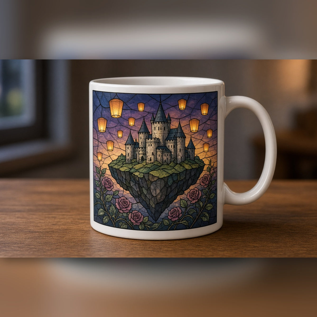 Arts and Crafts stained-glass floating castle with sky lanterns and roses printed flat on a white ceramic mug, made with prompt #84