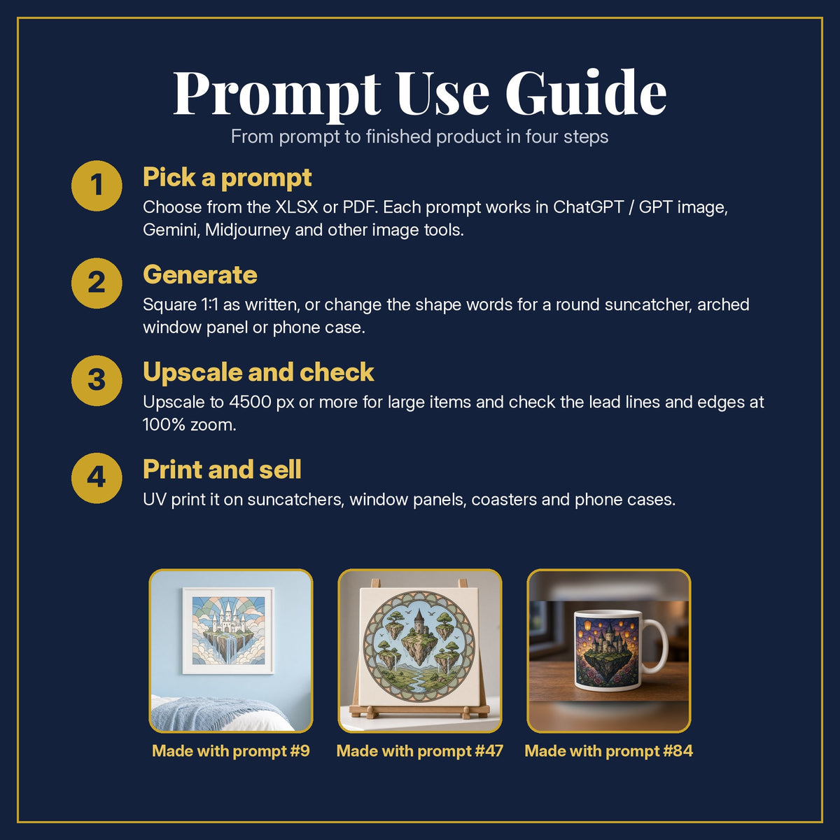 Prompt Use Guide for the Floating Castles Stained Glass Prompt Pack: pick a prompt, generate, upscale and check, print and sell, with sample products made with the pack's prompts