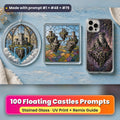Floating Castles stained glass prompt pack: UV-printed suncatcher, coaster and phone case set mockup, made with prompt #1 + #48 + #79