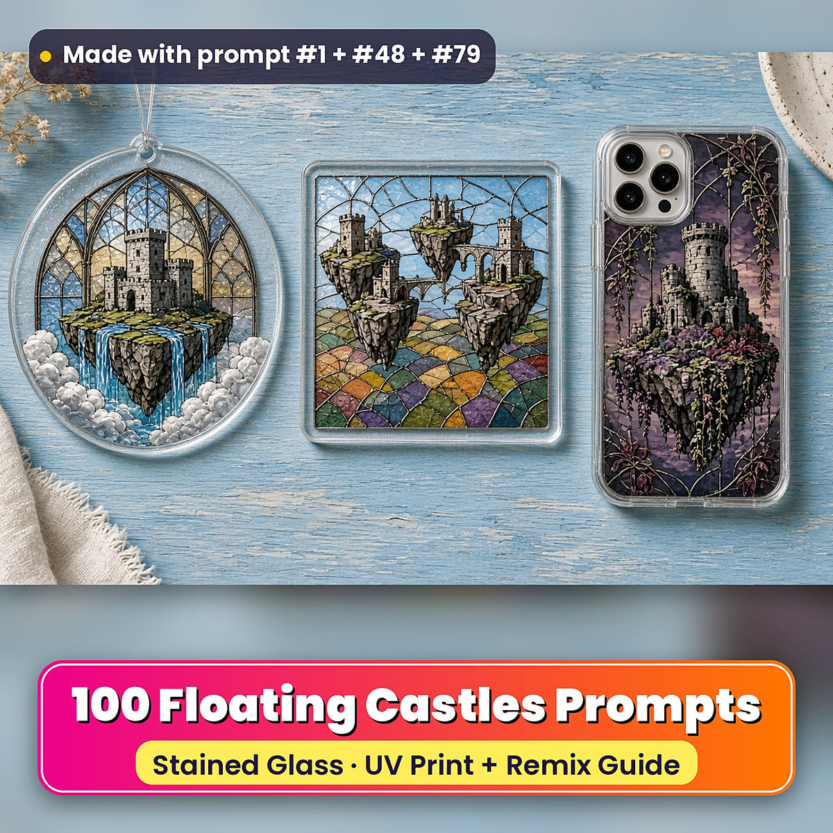 Floating Castles stained glass prompt pack: UV-printed suncatcher, coaster and phone case set mockup, made with prompt #1 + #48 + #79