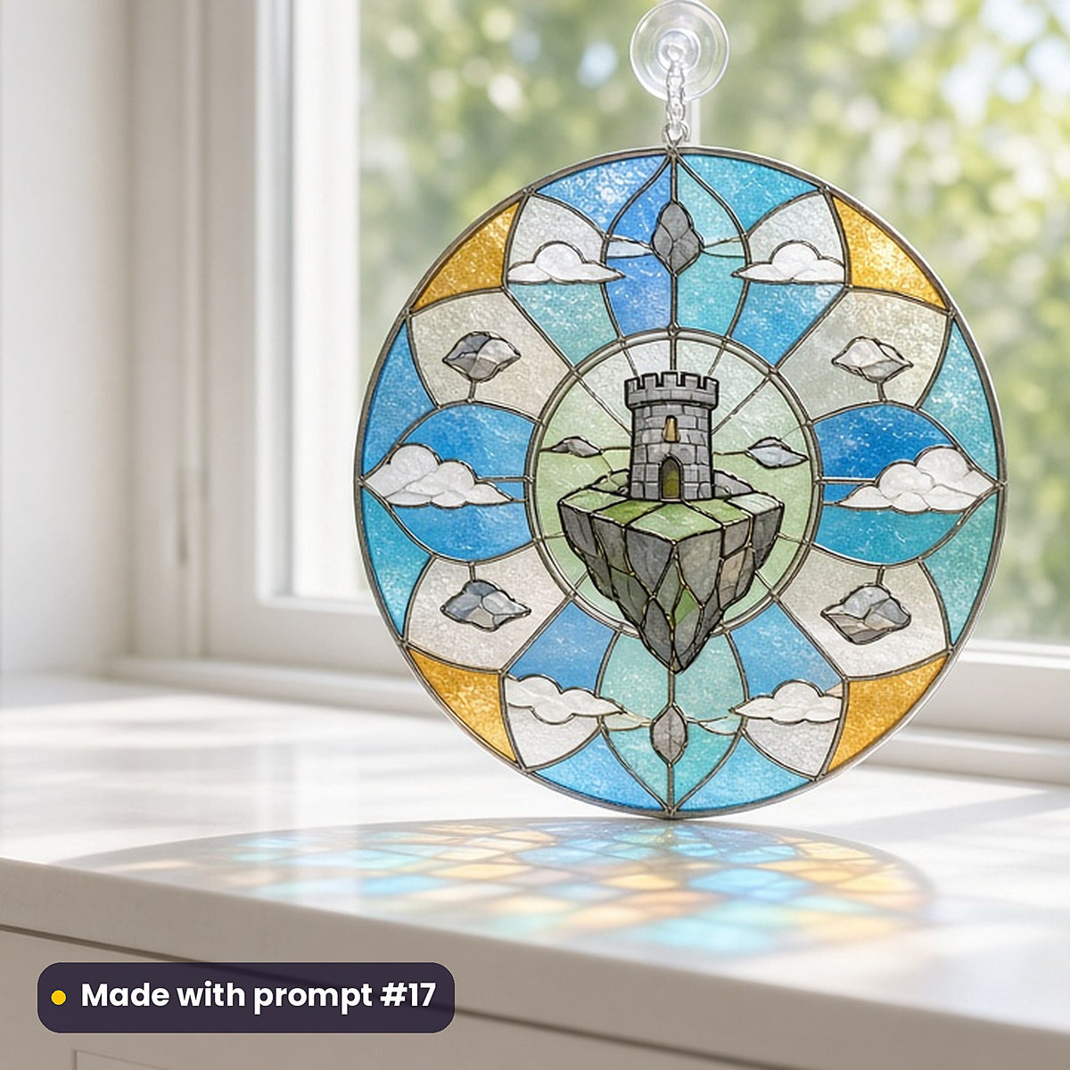 Floating Castles stained glass prompt pack: UV-printed acrylic suncatcher in a window mockup, made with prompt #17