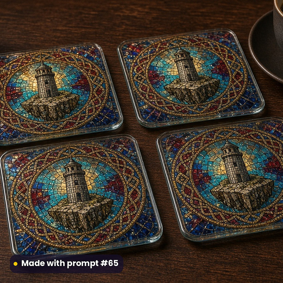 Floating Castles stained glass prompt pack: set of UV-printed glass coasters mockup, made with prompt #65