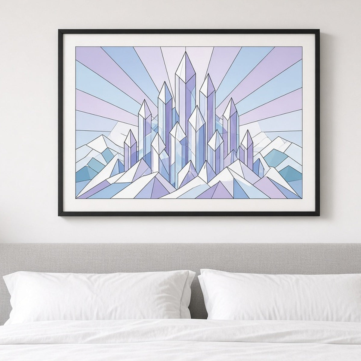 Crystal kingdom spires on a snowy mountain in Art Deco stained-glass style shown as a flat framed print in a bedroom, made with prompt #9