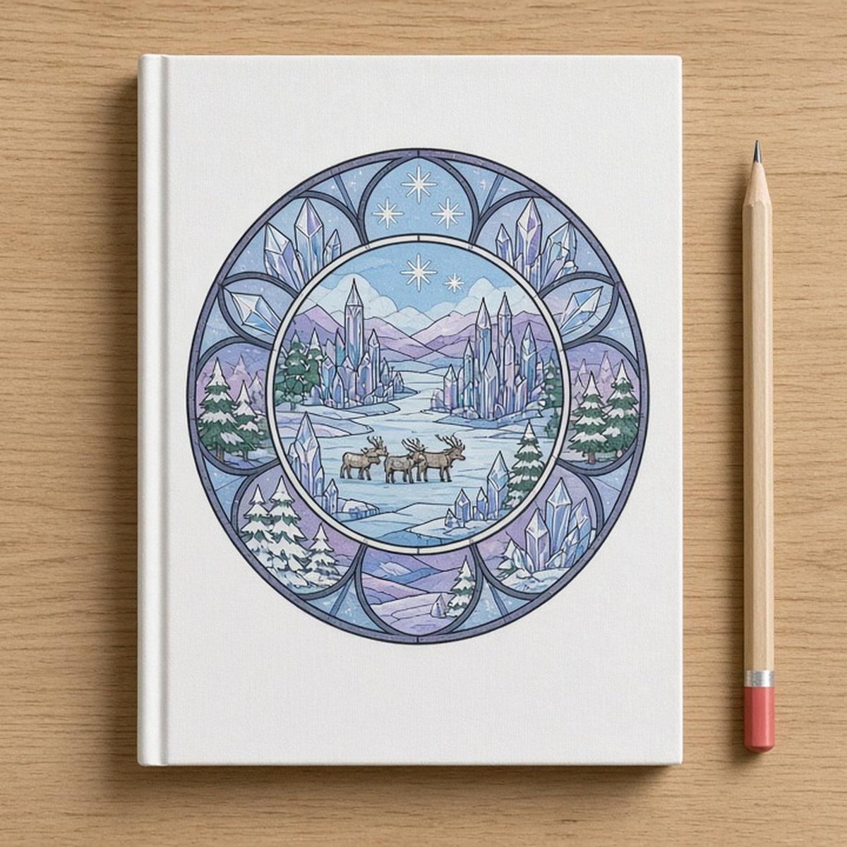 Rose-window frozen valley with crystal towers and reindeer printed flat on a hardcover notebook, made with prompt #47