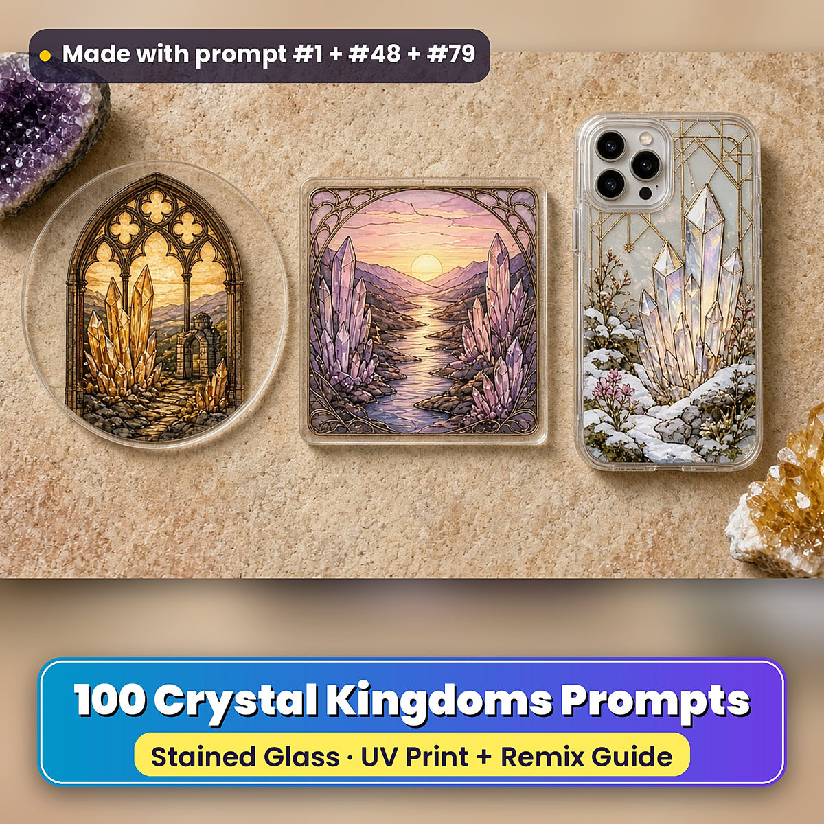 Crystal Kingdoms stained glass prompt pack: UV-printed suncatcher, coaster and phone case set mockup, made with prompt #1 + #48 + #79