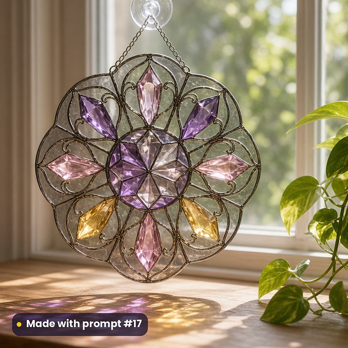 Crystal Kingdoms stained glass prompt pack: UV-printed acrylic suncatcher in a window mockup, made with prompt #17