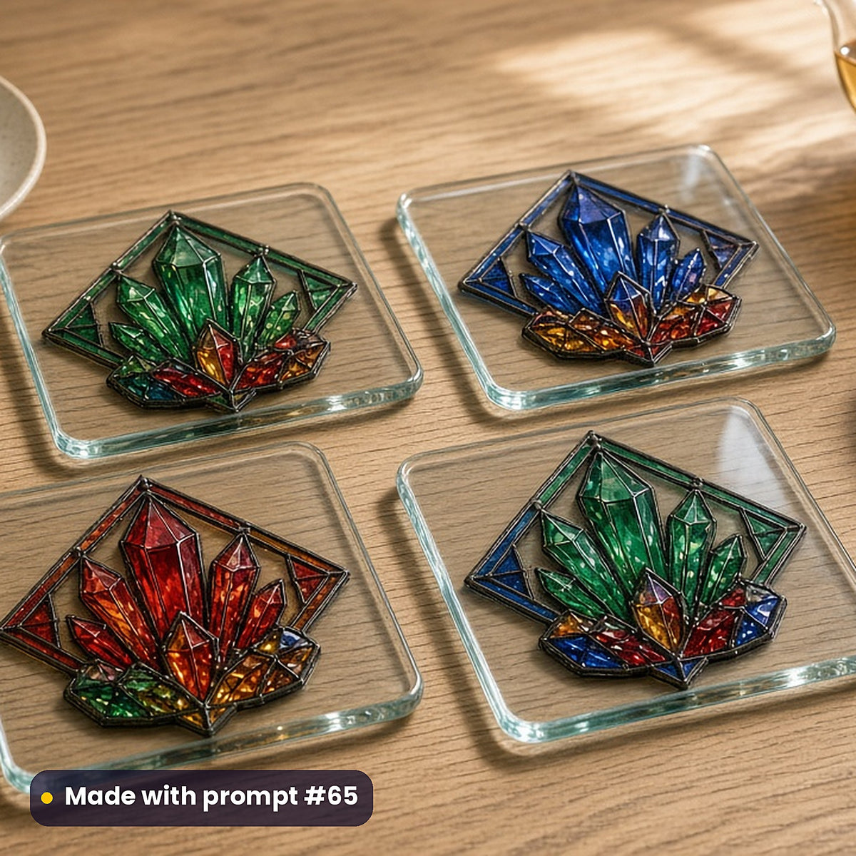 Crystal Kingdoms stained glass prompt pack: set of UV-printed glass coasters mockup, made with prompt #65