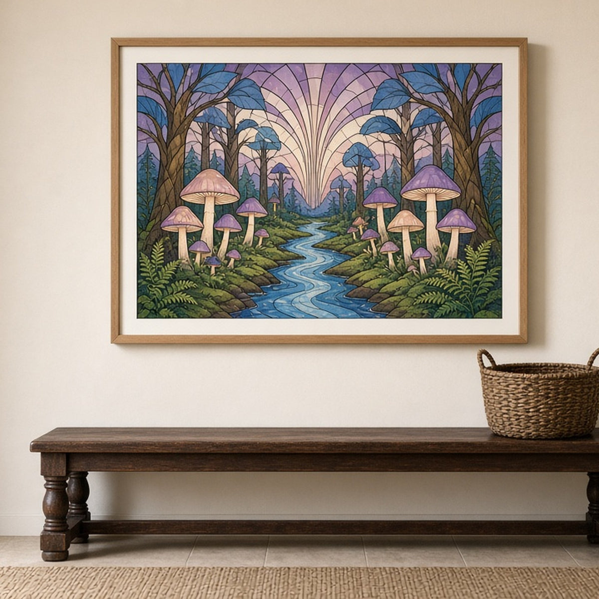 Fantasy forest of giant trees and glowing mushrooms in Art Deco stained-glass style shown as a flat framed print in an entryway, made with prompt #9