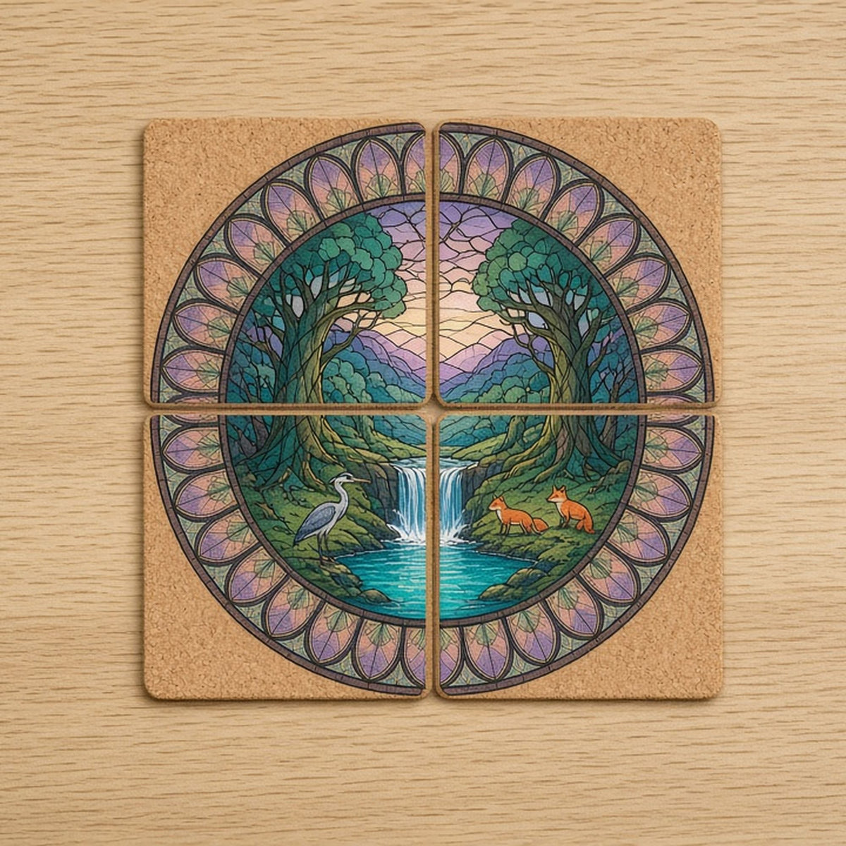 Rose-window fantasy forest valley with a waterfall, foxes and a heron printed flat on a set of four coasters, made with prompt #47