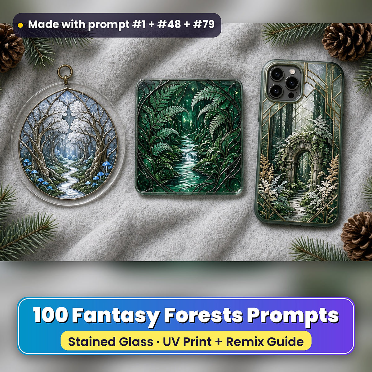 Fantasy Forests stained glass prompt pack: UV-printed suncatcher, coaster and phone case set mockup, made with prompt #1 + #48 + #79