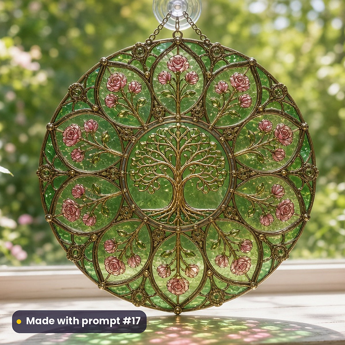Fantasy Forests stained glass prompt pack: UV-printed acrylic suncatcher in a window mockup, made with prompt #17