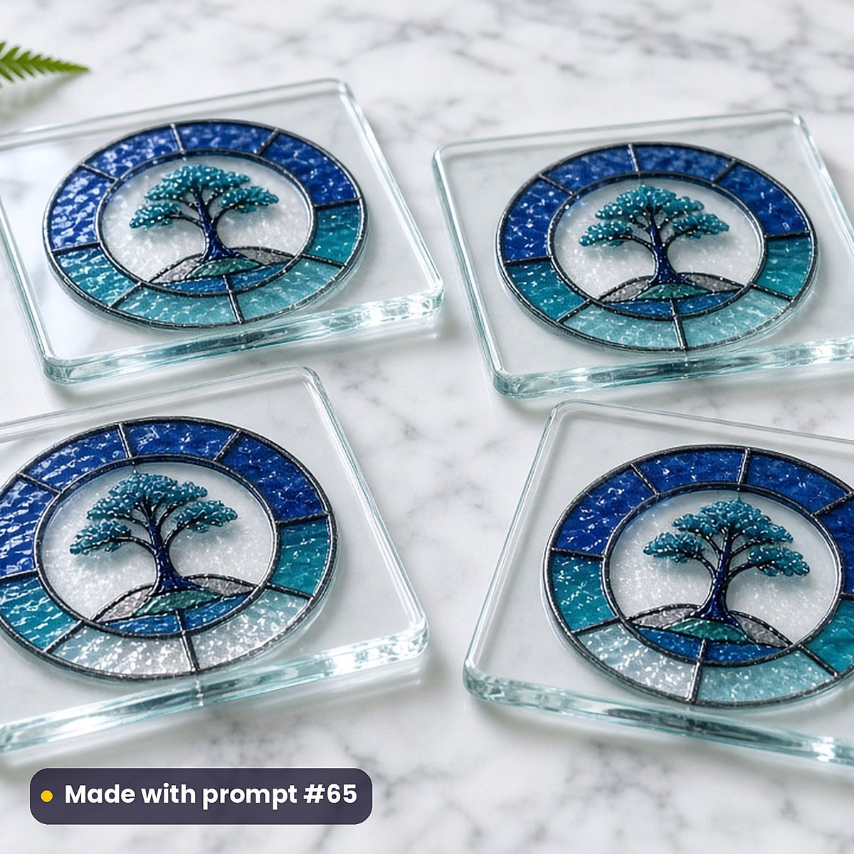 Fantasy Forests stained glass prompt pack: set of UV-printed glass coasters mockup, made with prompt #65