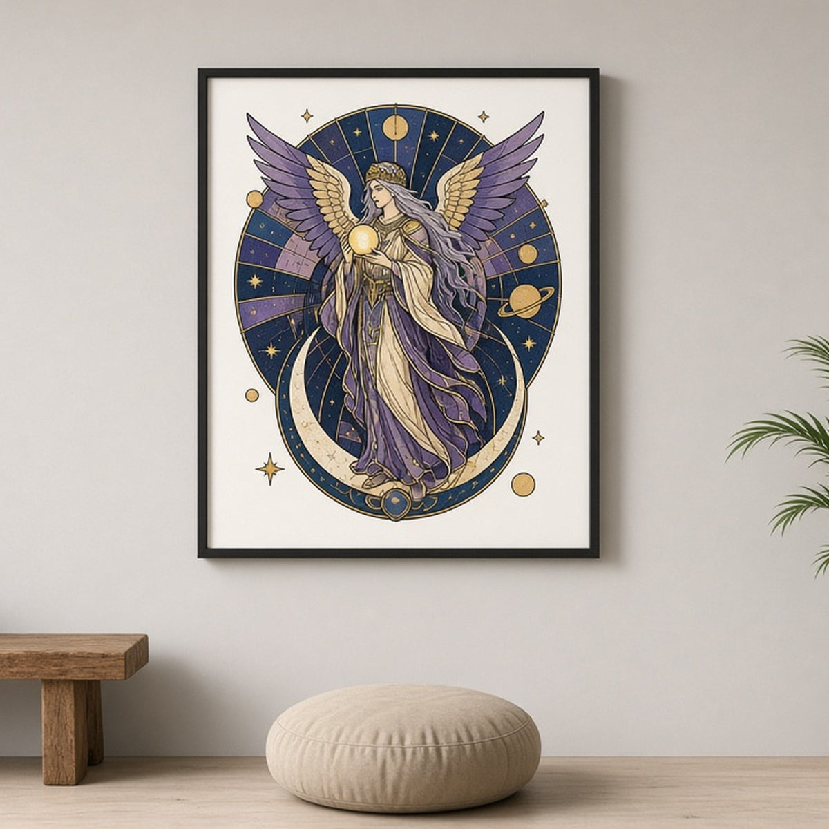 Winged celestial guardian on a crescent moon in Art Deco stained-glass style shown as a flat framed print in a meditation room, made with prompt #9