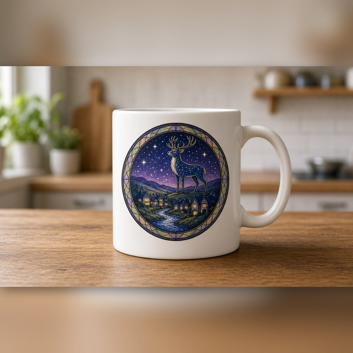 Rose-window night scene of a star-speckled stag guarding a sleeping village printed flat on a white ceramic mug, made with prompt #47
