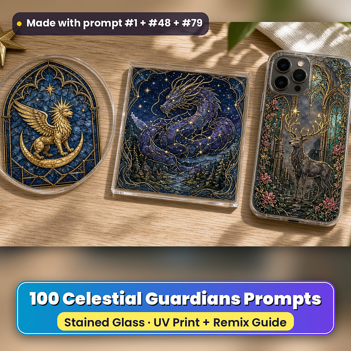 Celestial Guardians stained glass prompt pack: UV-printed suncatcher, coaster and phone case set mockup, made with prompt #1 + #48 + #79