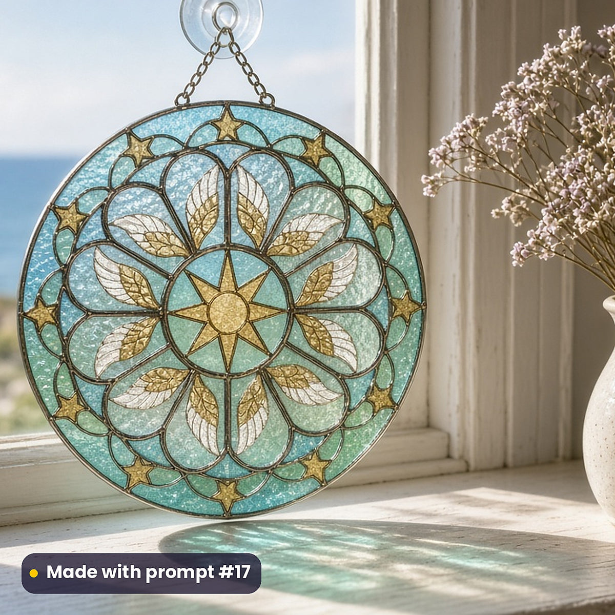 Celestial Guardians stained glass prompt pack: UV-printed acrylic suncatcher in a window mockup, made with prompt #17