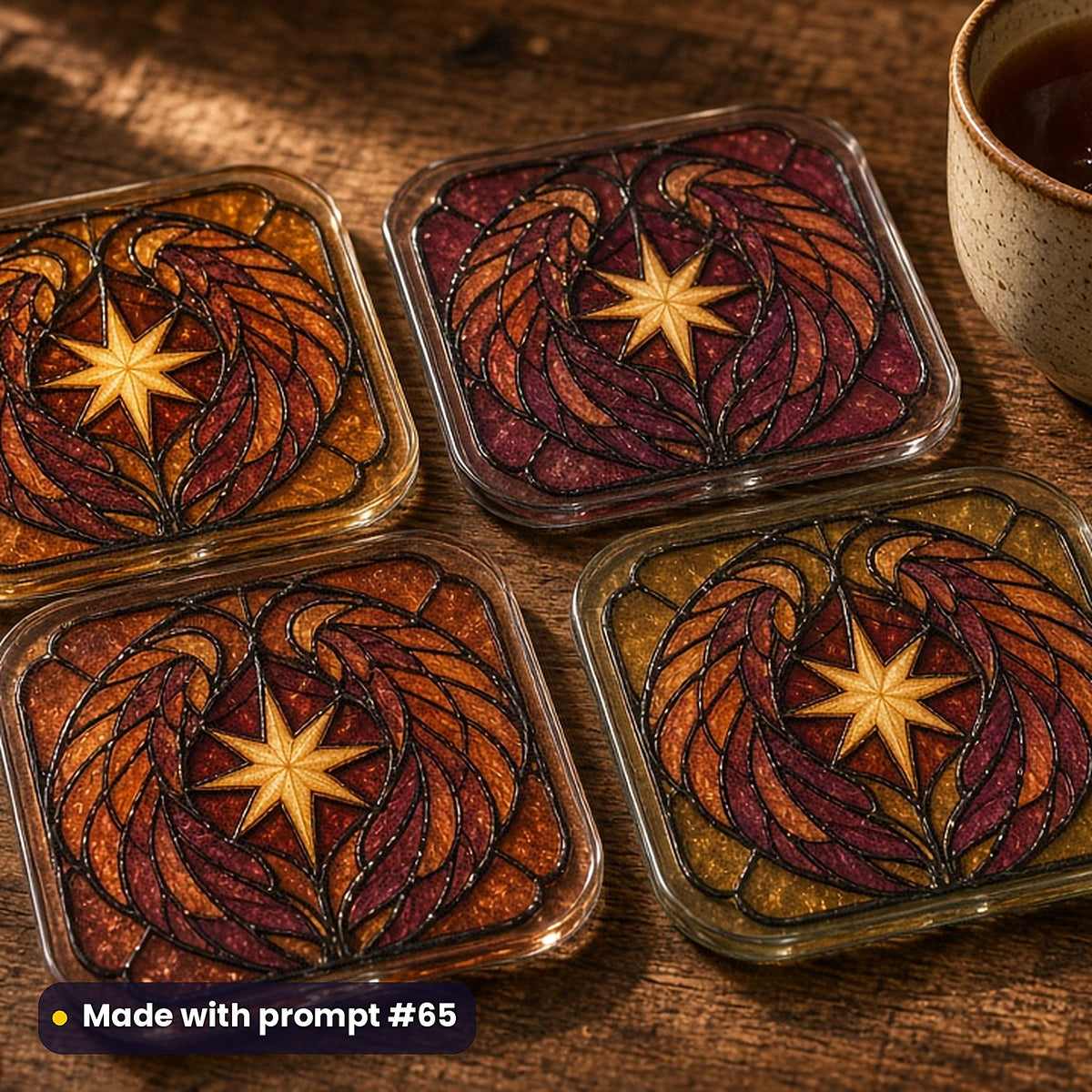 Celestial Guardians stained glass prompt pack: set of UV-printed glass coasters mockup, made with prompt #65