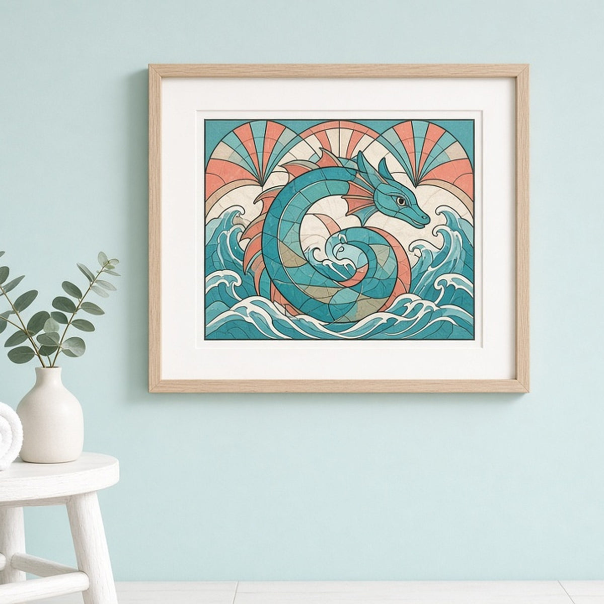 Sea serpent coiling through curling waves in Art Deco stained-glass style shown as a flat framed print in a coastal dressing area, made with prompt #9