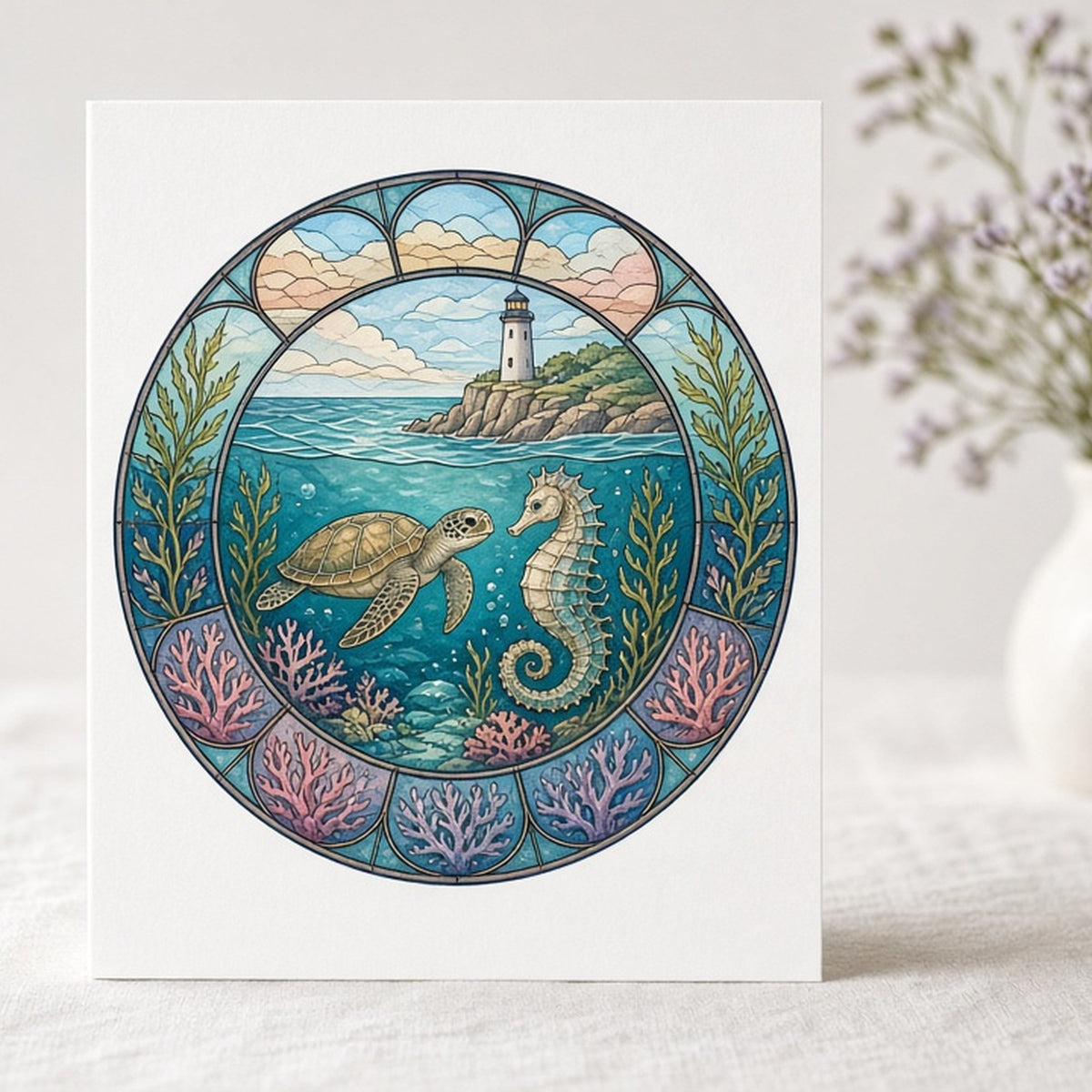 Rose-window cove scene with a sea turtle, a seahorse and a lighthouse printed flat on a greeting card, made with prompt #47