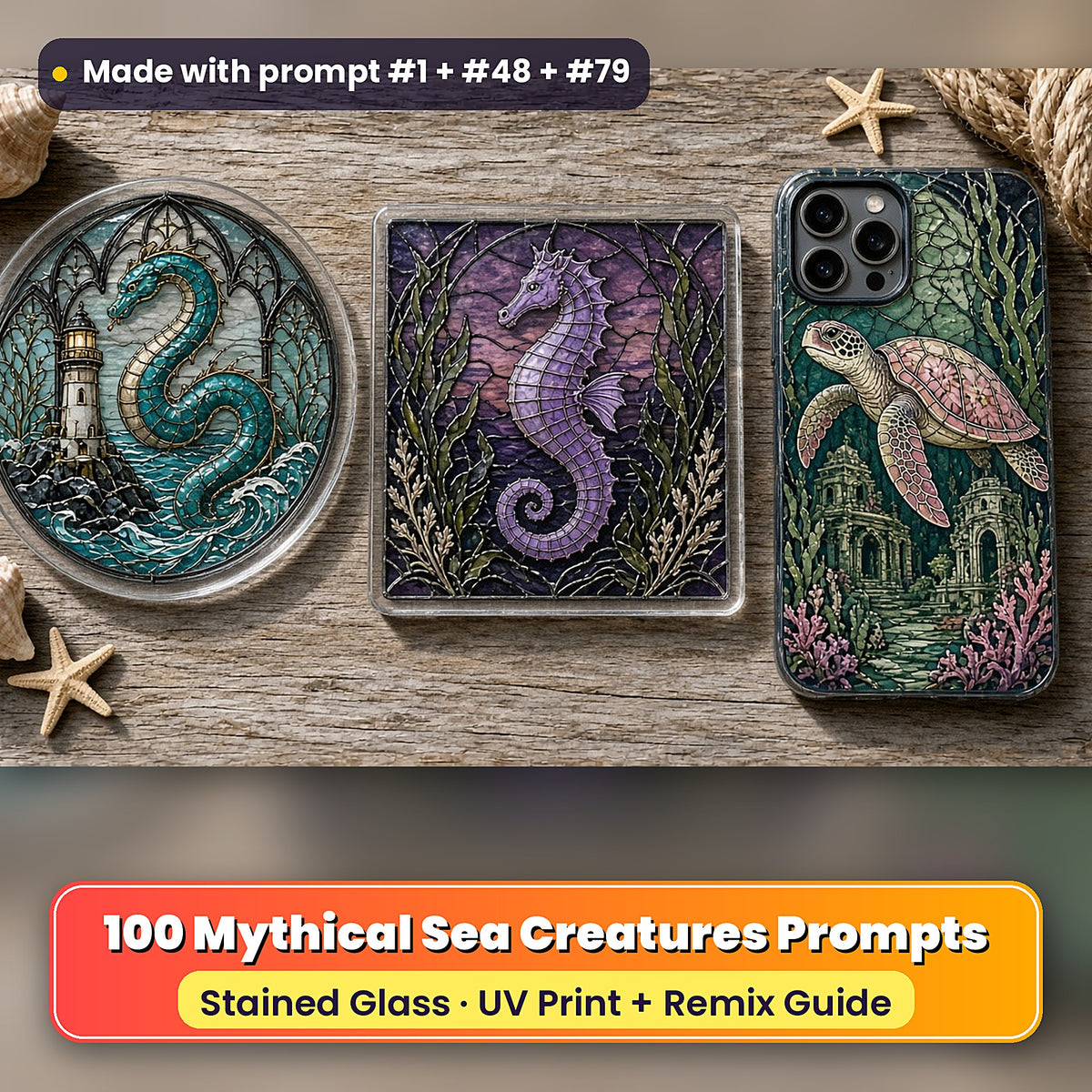 Mythical Sea Creatures stained glass prompt pack: UV-printed suncatcher, coaster and phone case set mockup, made with prompt #1 + #48 + #79