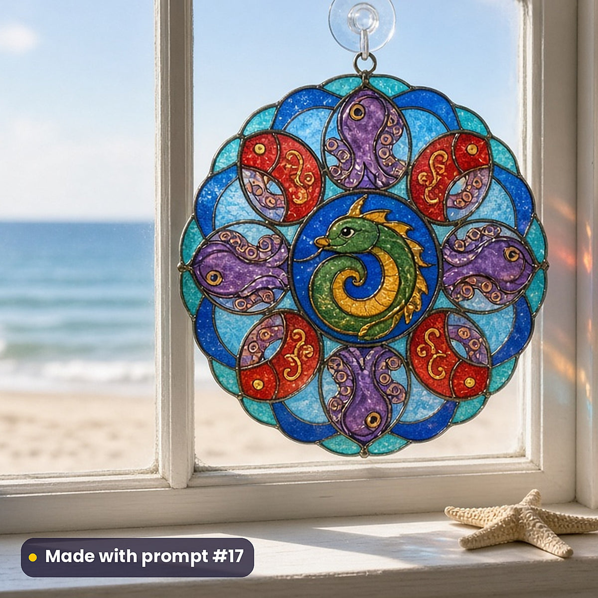 Mythical Sea Creatures stained glass prompt pack: UV-printed acrylic suncatcher in a window mockup, made with prompt #17
