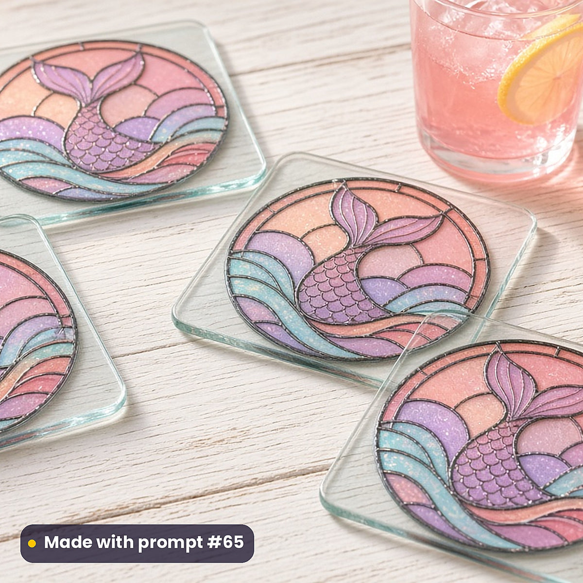 Mythical Sea Creatures stained glass prompt pack: set of UV-printed glass coasters mockup, made with prompt #65