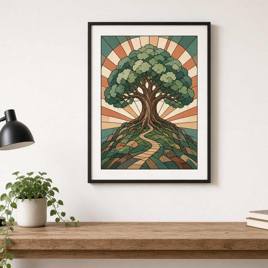 Legendary world tree on a hill in Art Deco stained-glass style shown as a flat framed print in a study nook, made with prompt #9
