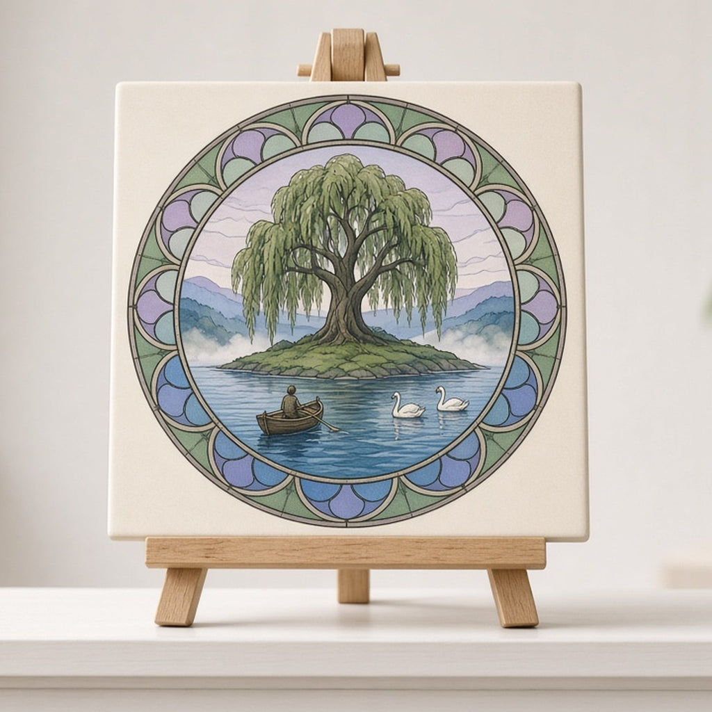 Rose-window lake scene of a giant willow island with swans and a rowing boat printed flat on a ceramic tile on an easel, made with prompt #47