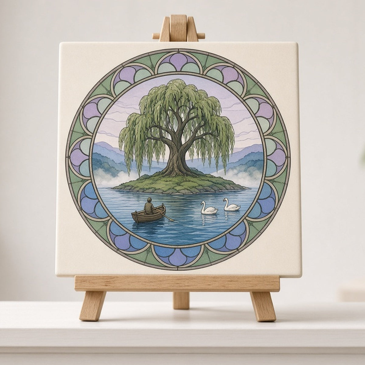 Rose-window lake scene of a giant willow island with swans and a rowing boat printed flat on a ceramic tile on an easel, made with prompt #47