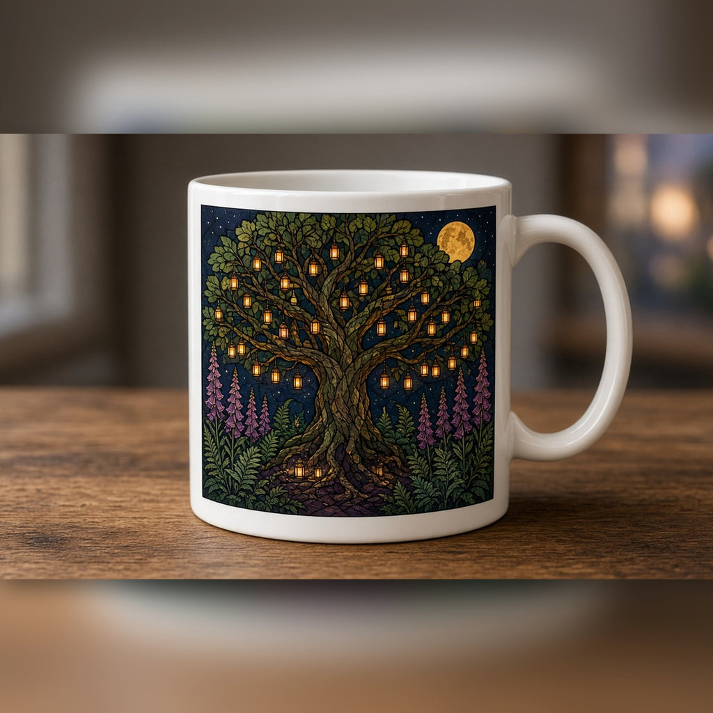 Arts and Crafts stained-glass ancient oak hung with glowing lanterns printed flat on a white ceramic mug, made with prompt #84