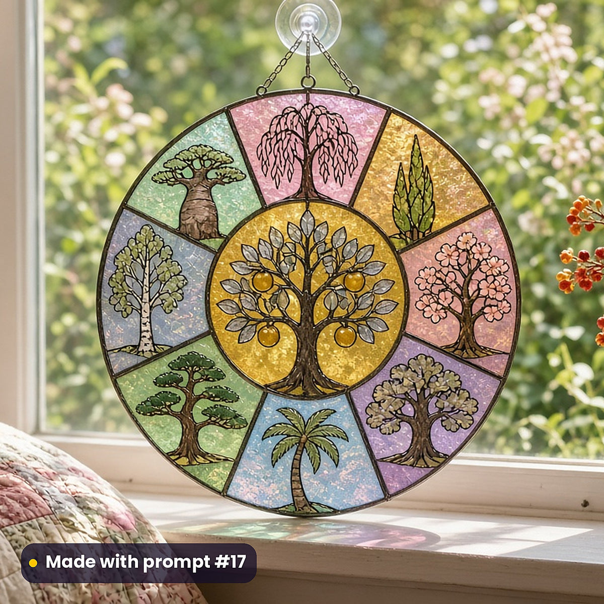 Legendary Trees stained glass prompt pack: UV-printed acrylic suncatcher in a window mockup, made with prompt #17