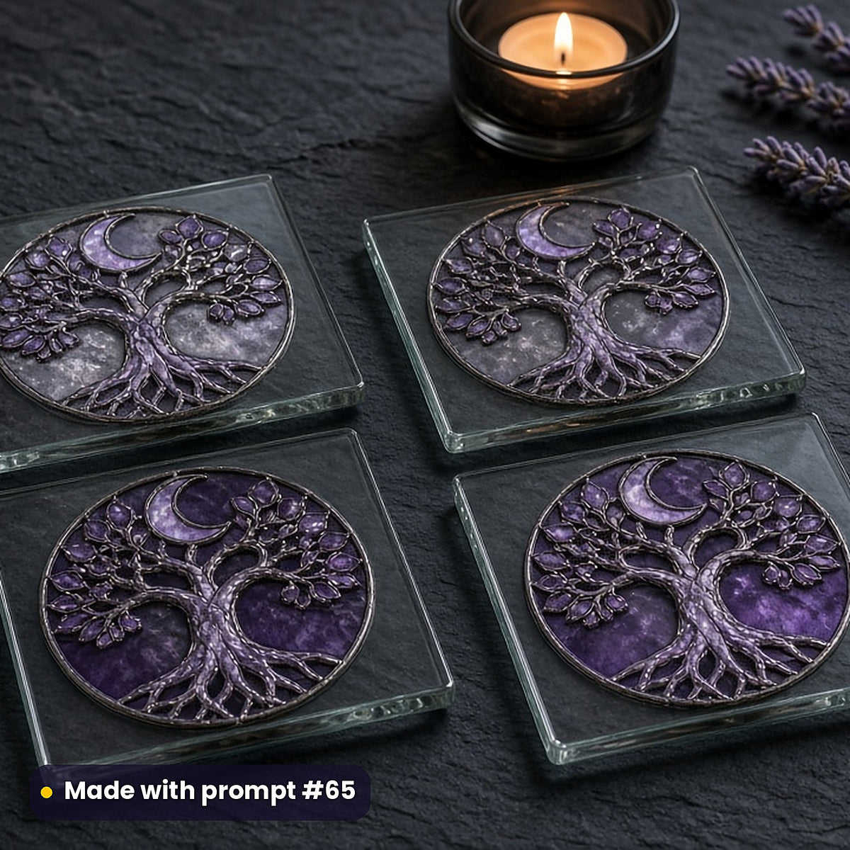Legendary Trees stained glass prompt pack: set of UV-printed glass coasters mockup, made with prompt #65