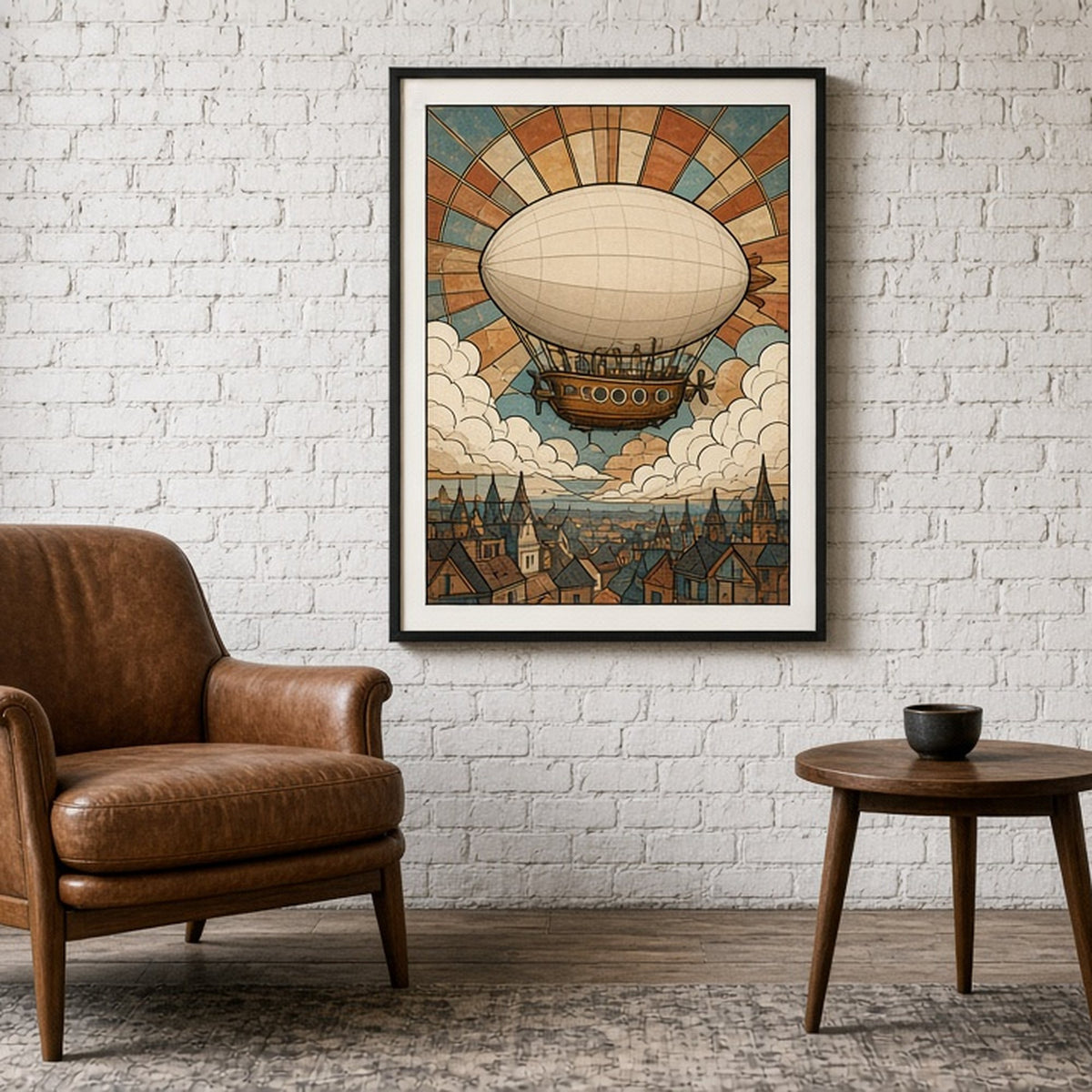 Steampunk airship above rooftops in Art Deco stained-glass style shown as a flat framed print in a loft living space, made with prompt #9