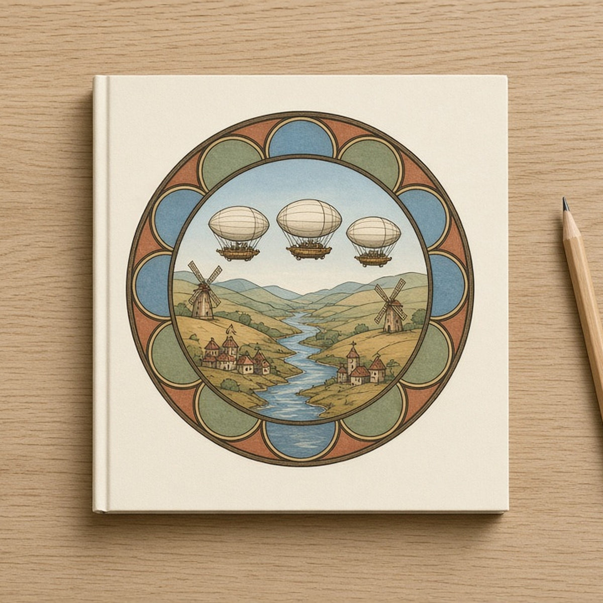 Rose-window valley with windmills and three steampunk airships printed flat on a hardcover notebook, made with prompt #47